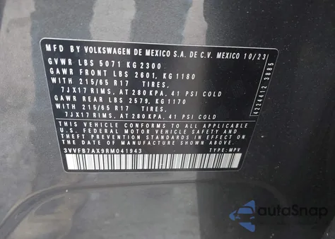 2024 Volkswagen Tiguan 2.0T S from USA, damaged, VIN 3VVFB7AX9RM041943